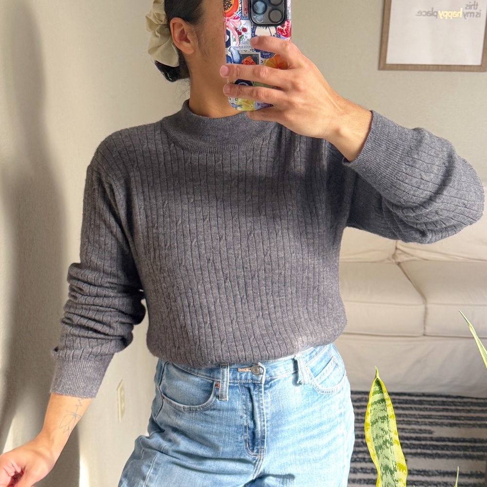 Alfred Dunner Grey Cable Knit Mock Neck Sweater